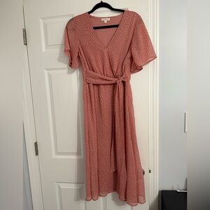 Elegant Pink Polka Dot Wrap Midi Dress